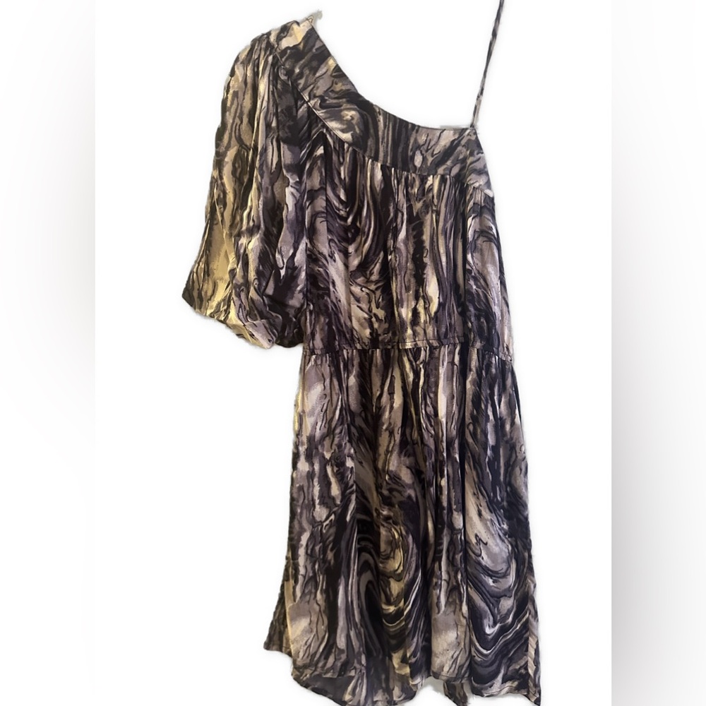 Angie Rayon Multi Gray Black striped print One Shoulder Mini Dress
